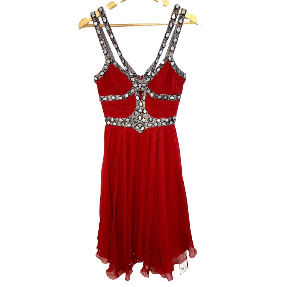 NEW Mandalay Red Silk Gray Beaded Cutout Midi Evening Gown Dress Womens Size 4